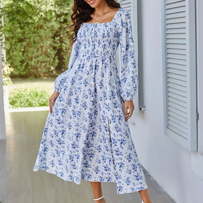 Spring Summer Romantic Elegant Women Dress Square Collar Smocking Long Sleeve Slit Floral Dress Dress - Wild Amber Fashion