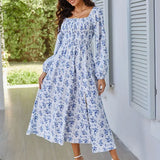 Spring Summer Romantic Elegant Women Dress Square Collar Smocking Long Sleeve Slit Floral Dress Dress - Wild Amber Fashion