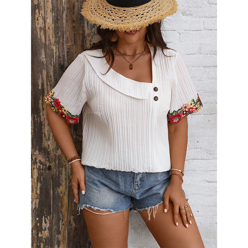 Plus Size Women Summer V Neck Loose Pullover Top Embroidered Edge Short Sleeved Shirt Women Shirt - Wild Amber Fashion