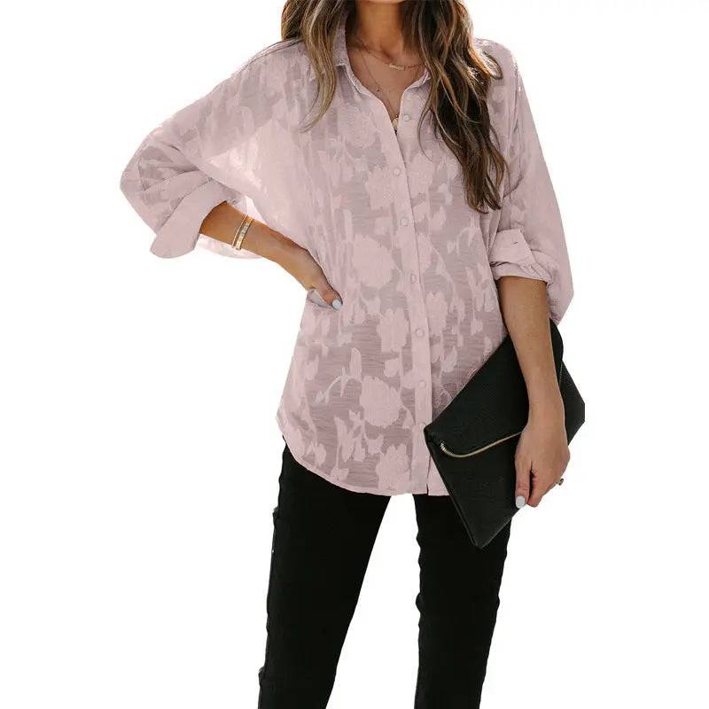 Women's Loose Fit Long Sleeve Button-Up Shirt in Solid Color  S Pink 