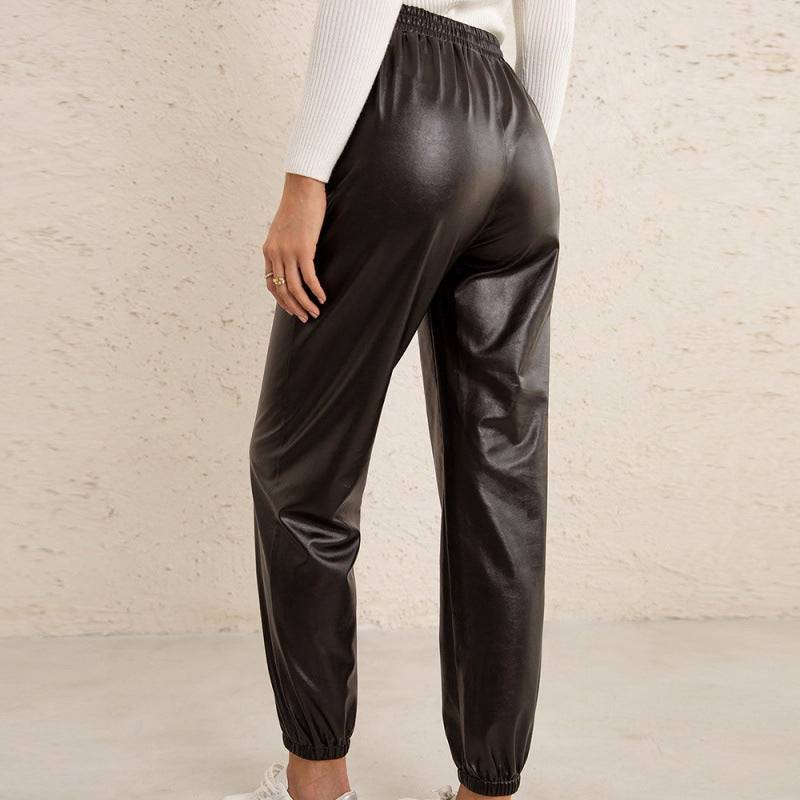 Loose Casual Biker Leather All-Matching Trousers Elastic Waist Faux Leather Ankle-Tied Leather Pants Women  S Coffee 