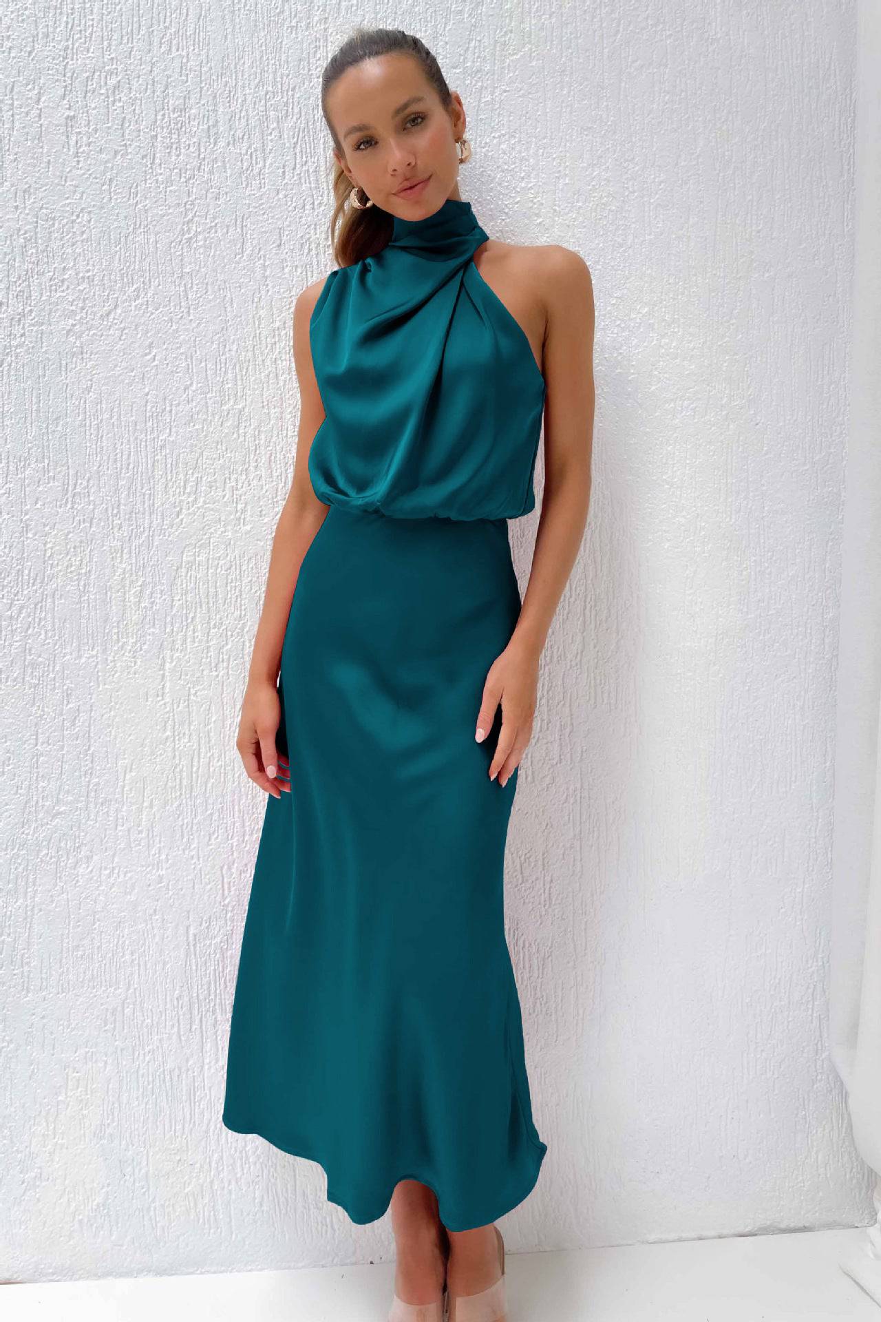 Elegant High Grade Satin Sleeveless Maxi Dress with Mock Neck  S Lake Blue 