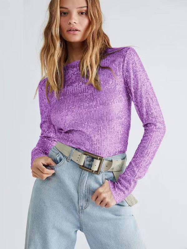 Slim Sequin Long Sleeve Top with Round Neck  S Purple 