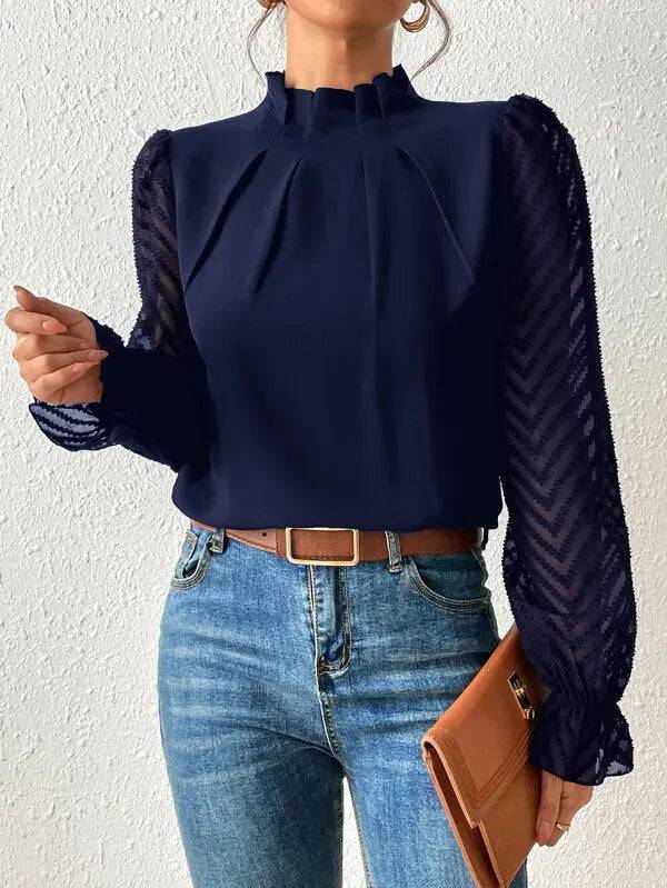 Elegant Chiffon Long Sleeve Top with Mock Neck and Lantern Sleeves  S Navy Blue 