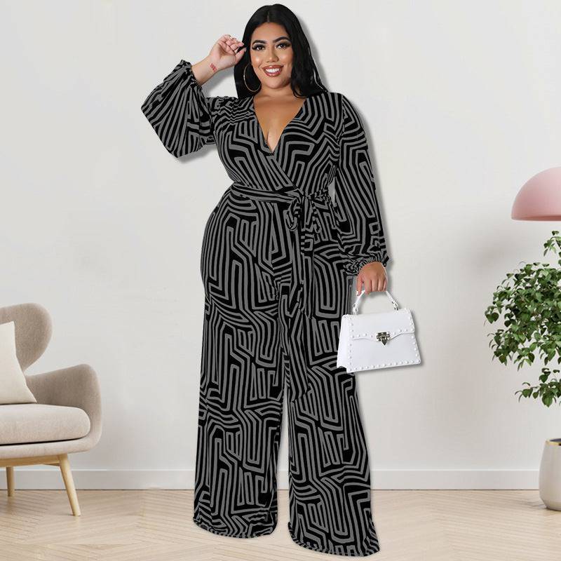 Plus Size Women Clothes Long Sleeve One Piece Straight Leg Pants - Wild Amber Fashion