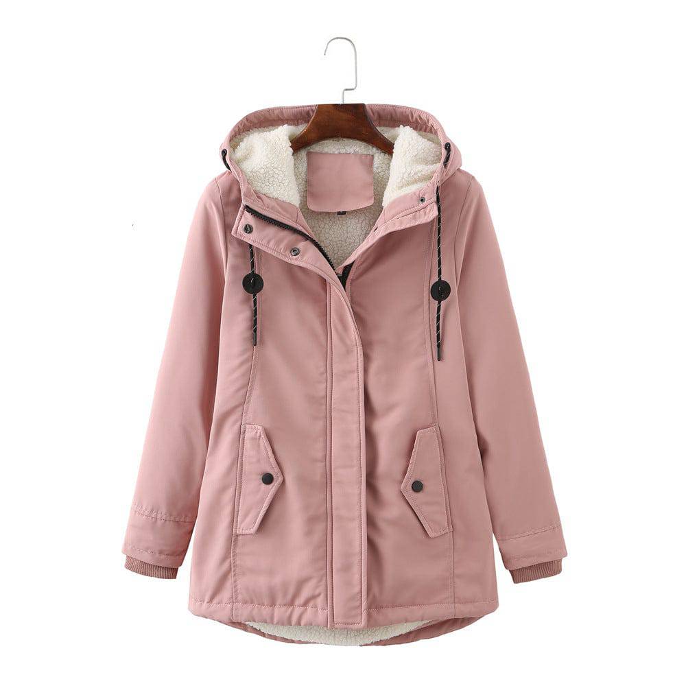 Ladies Hooded Lambswool Parka Winter Warm Waist Women Cotton-Padded Coat  S Pink 