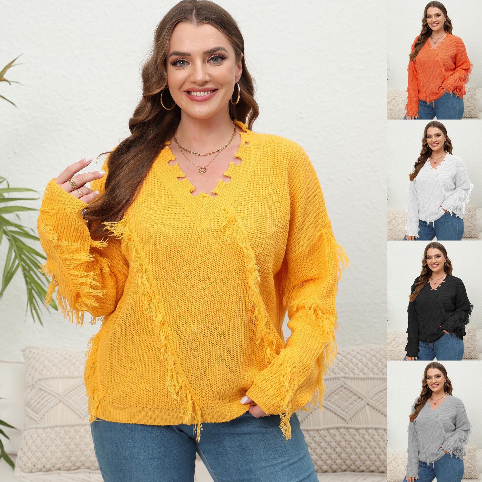 plus Size Women Woven Shirt Women Clothes Autumn Winter V-neck Beard Tassel Splicing Pullover Sweater - Wild Amber Fashion