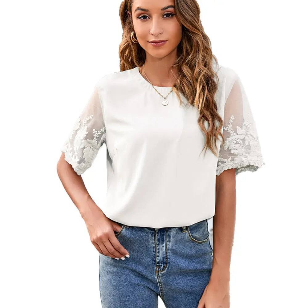 Elegant Women's Lace Chiffon Blouse  M White 