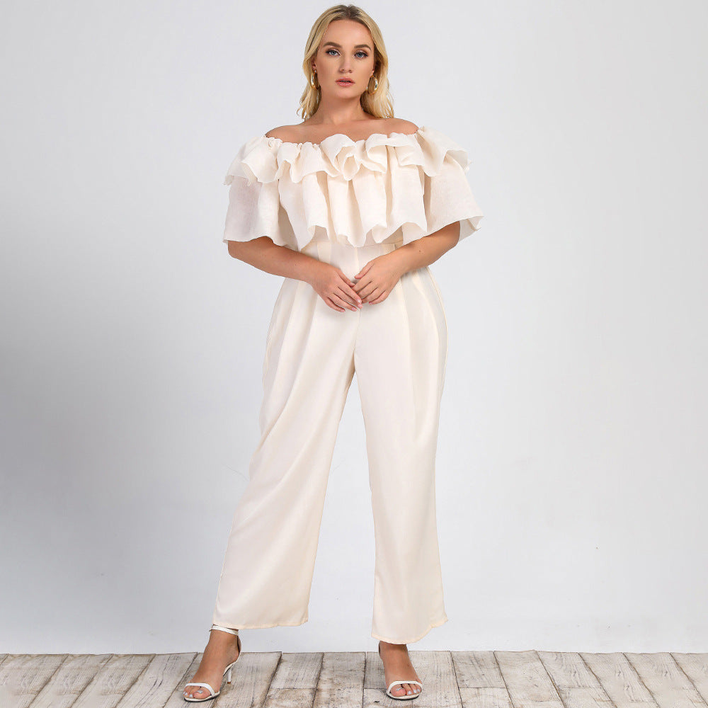 Plus Size Women Clothing Summer New Lotus Edge off-Shoulder Solid Straight-Leg Office Casual Pants Jumpsuit - Wild Amber Fashion