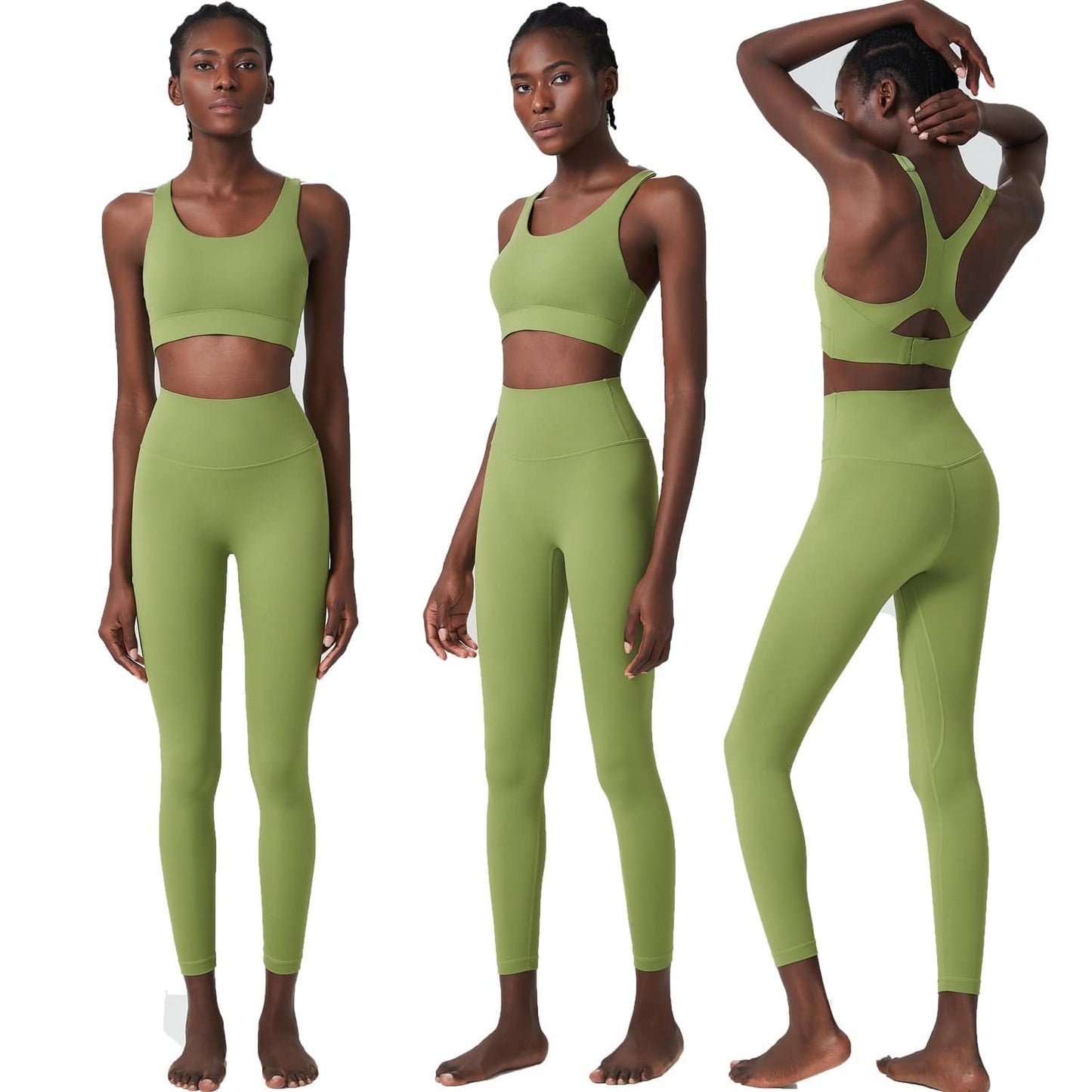 Yoga Fitness Set with Sleeveless Top and High-Rise Bottoms  S Green 