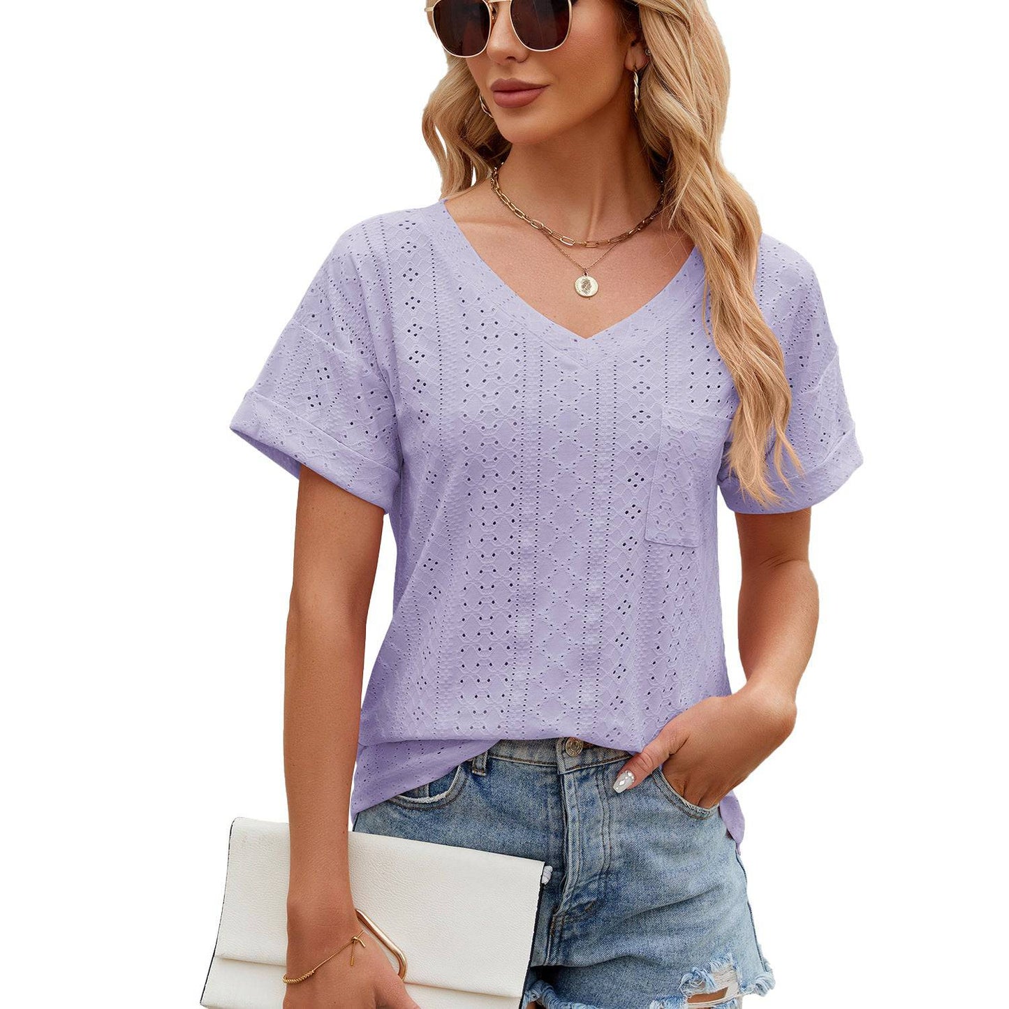 Relaxed V-Neck Short Sleeve Tee for Women  S Purple 