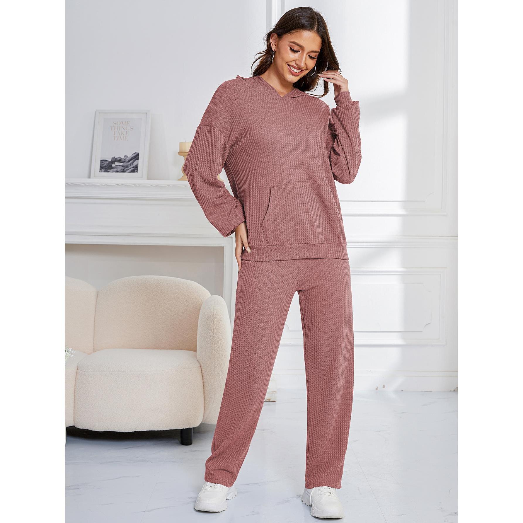 Hooded Casual Suit Women Pajamas Waffle Loose Long Sleeved Trousers Two Piece Home Wear - Wild Amber Fashion