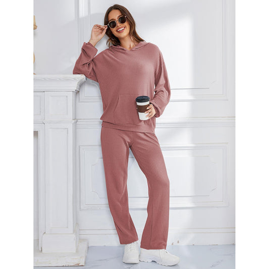 Hooded Casual Suit Women Pajamas Waffle Loose Long Sleeved Trousers Two Piece Home Wear - Wild Amber Fashion