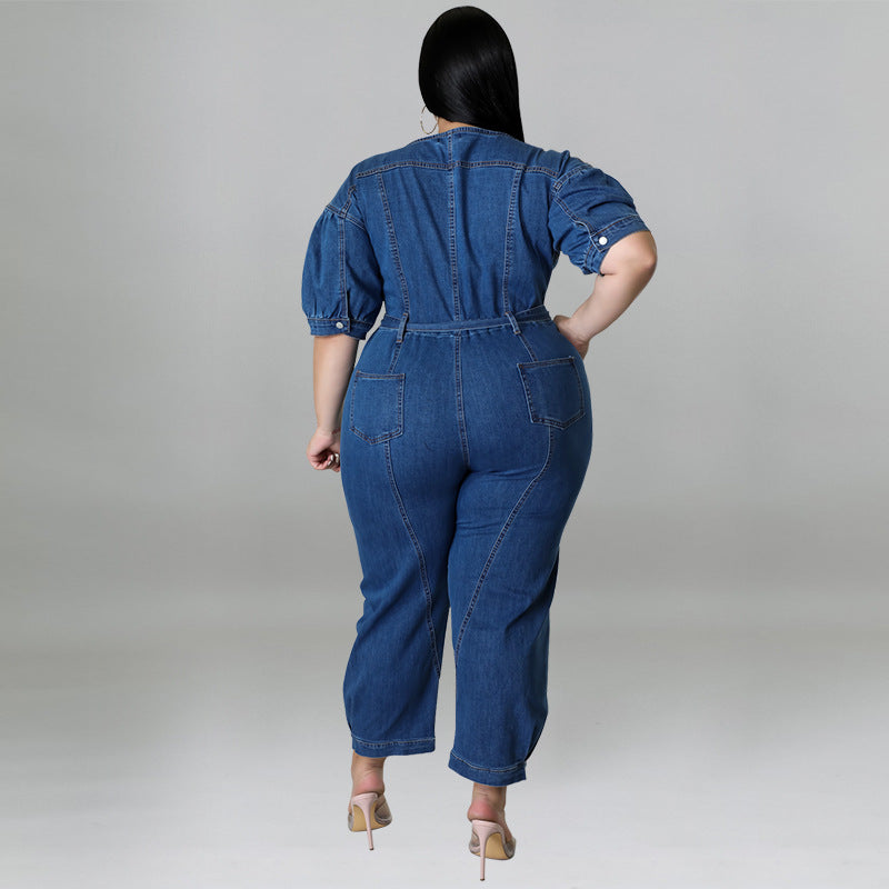 Plus Size Women Clothing Summer Short Sleeve Zipper Wash Denim Jumpsuit - Wild Amber Fashion