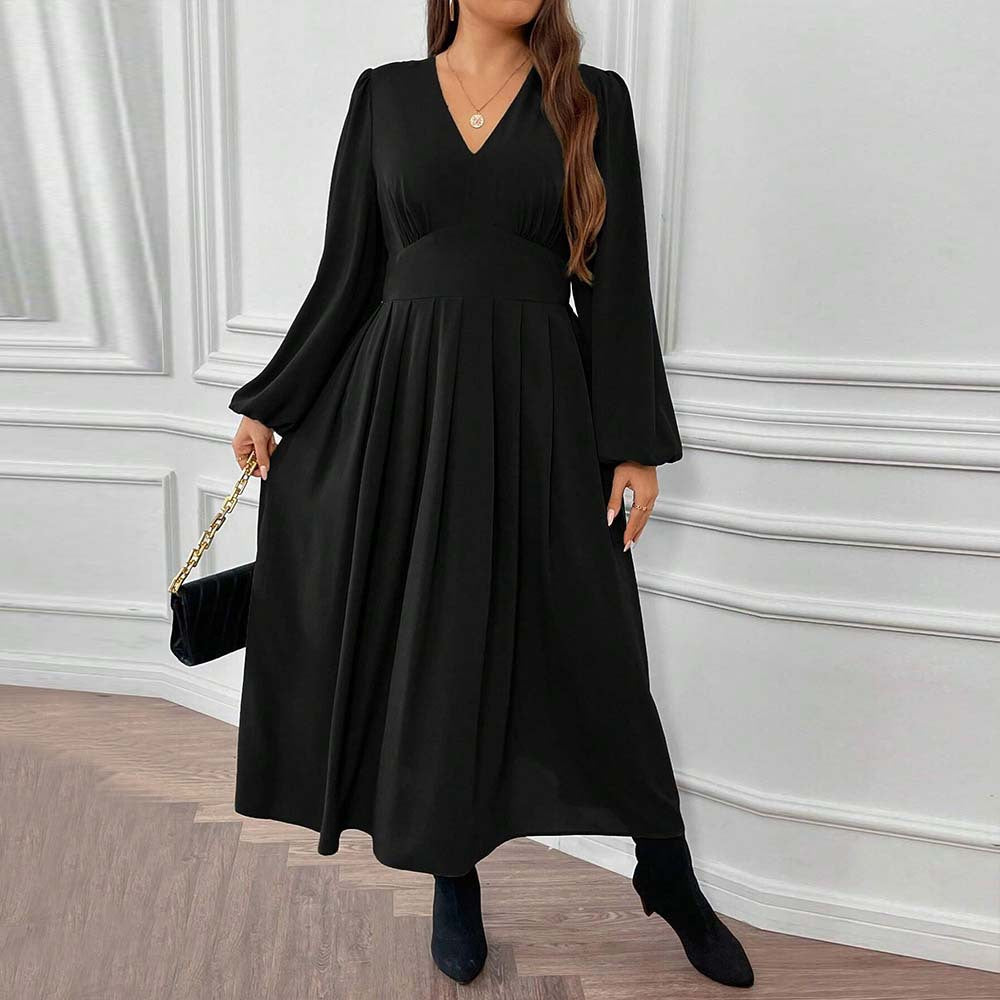 Plus Size Women Clothing Sexy V Neck Waist Puff Sleeve Midi Dress Large Swing Dress - Wild Amber Fashion