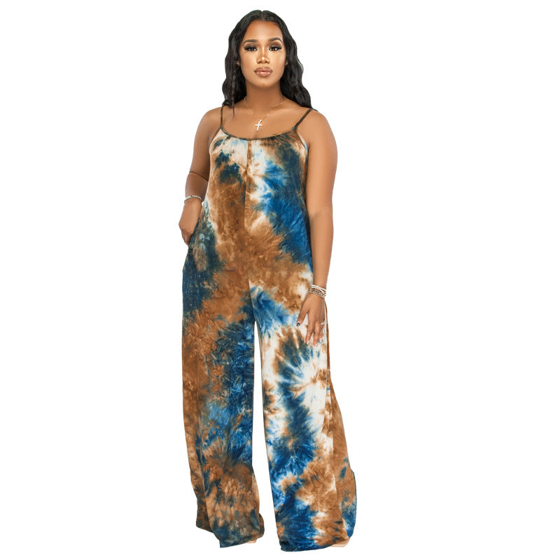 Plus Size New Tie-Dyed Printed Sling Casual Pants Straight Stylish Loose Jumpsuit - Wild Amber Fashion