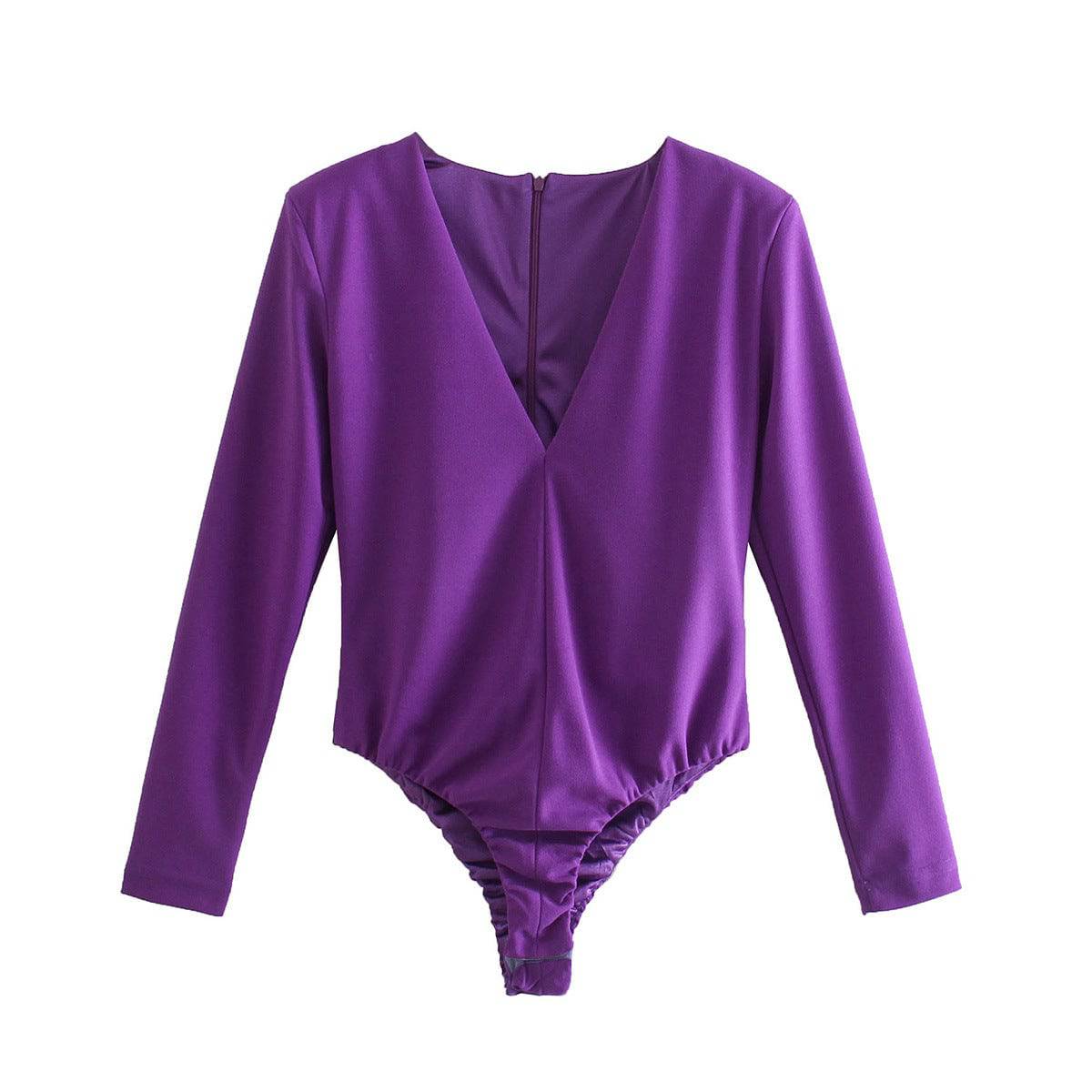 Seductive Deep V Plunge Shoulder-Padded Bodysuit for Women  S Purple 