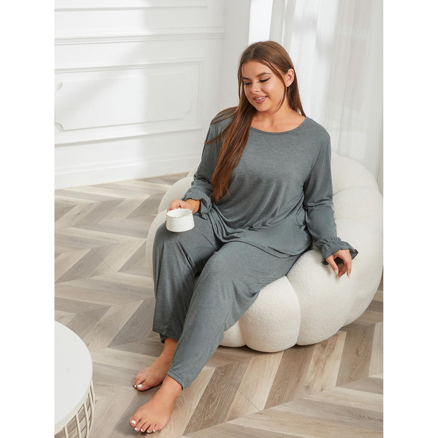 Plus Size Pajamas Women Autumn Winter Solid Color Long Sleeve Home Wear Set - Wild Amber Fashion