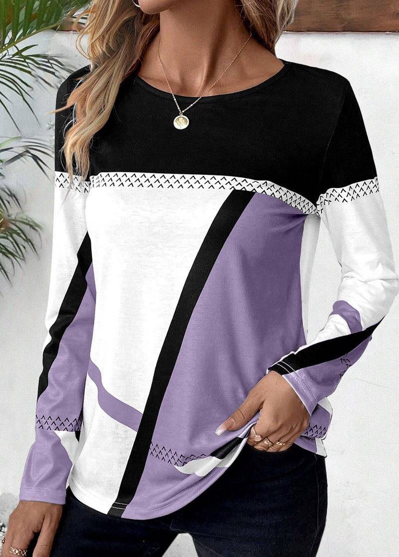 Geometric Abstract Print Round Neck Top  S Purple 