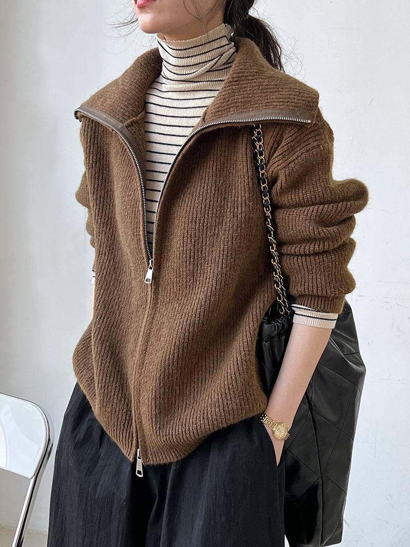 Lazy Double Zipper Knitted Sweater Cardigan Coat for Women  One Size Brown 