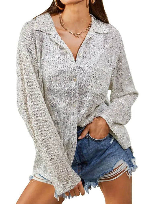 Elegant Sequin Embellished Collared Shirt for Stylish Women  S Silver 