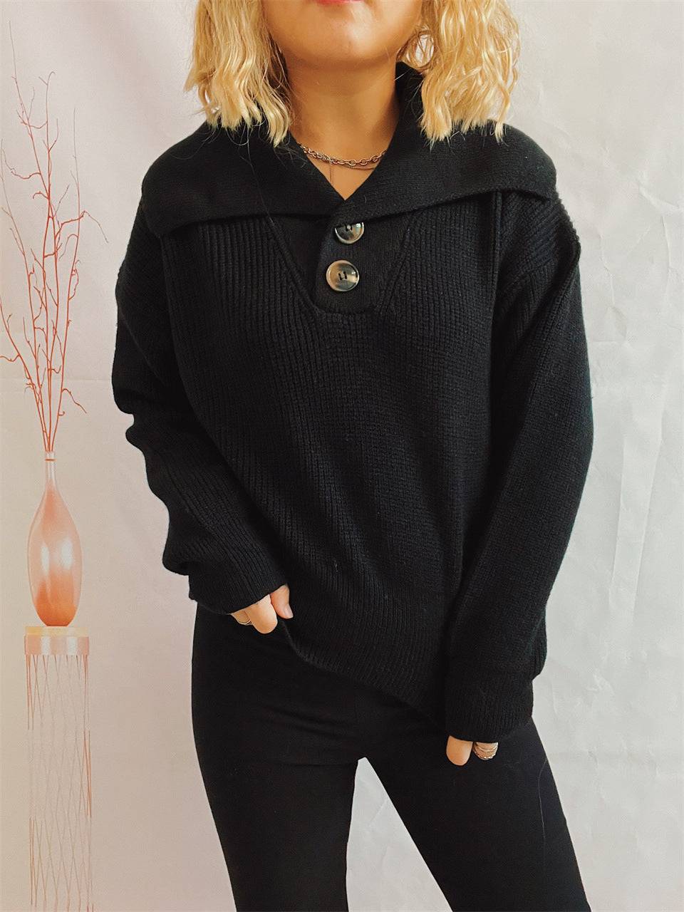 Professional Chic Collared Knit Sweater for Women  S Black 