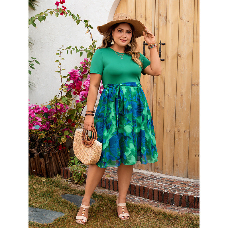 Plus Size Summer Green Printing Dress Waist Trimming Slimming Dress Women - Wild Amber Fashion