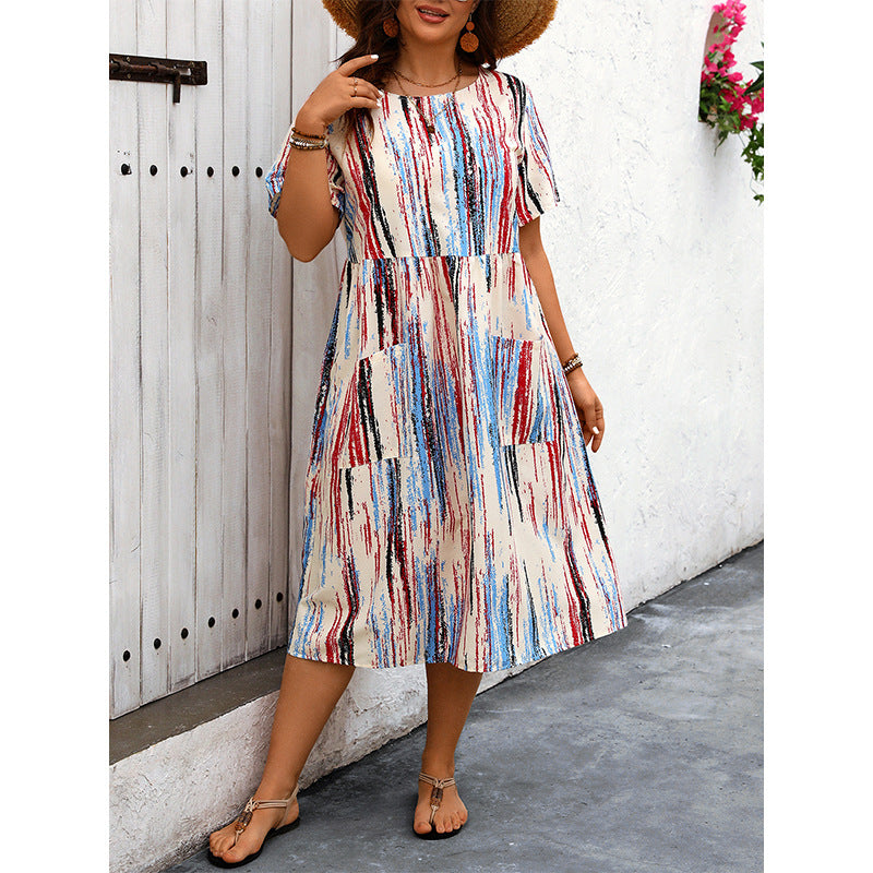 Plus Size Women Striped Printed Dress Spring Summer Product Loose Casual Pocket Maxi Dress - Wild Amber Fashion