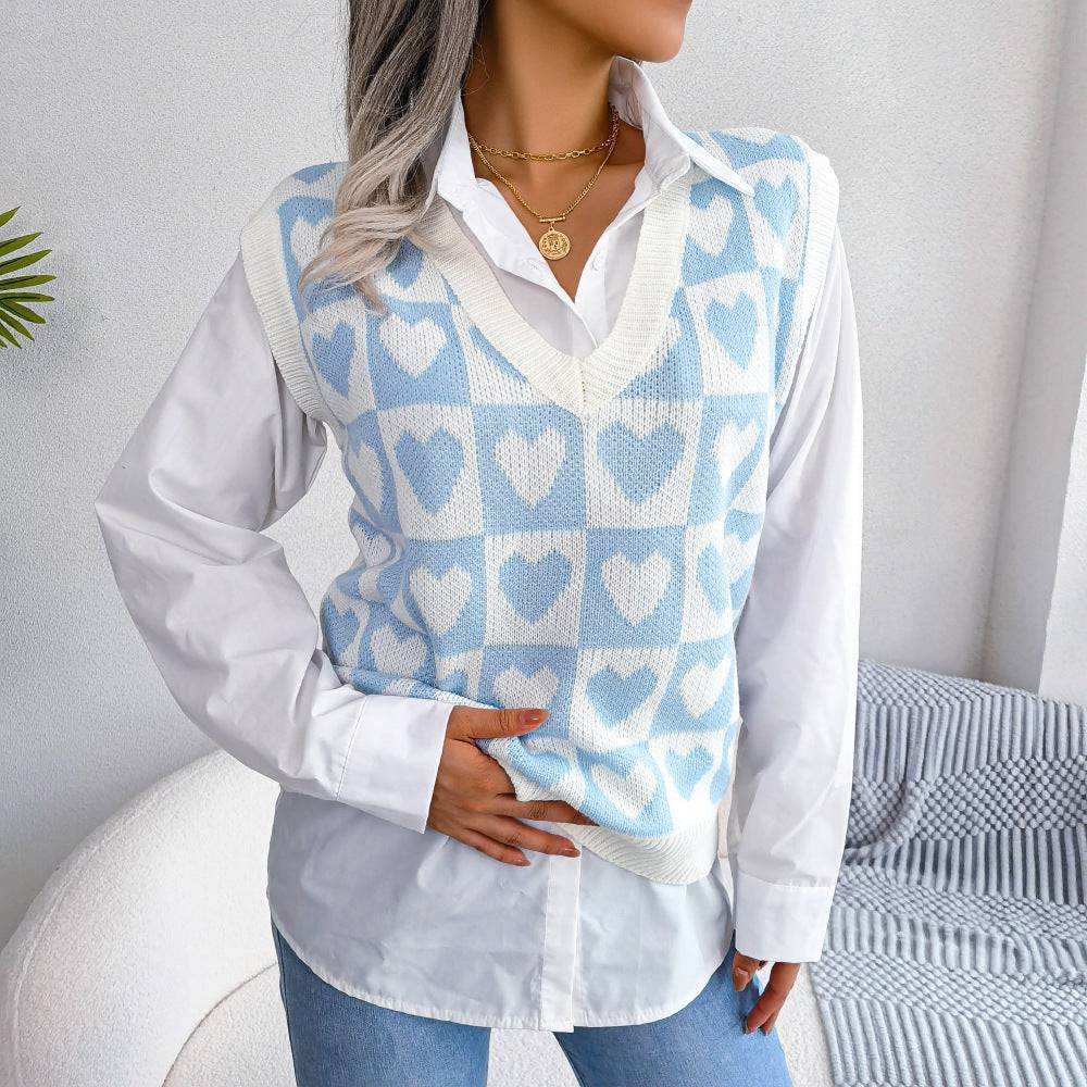 Heart Pattern Knitted Vest Sweater for Women Cozy and Stylish  S Blue 