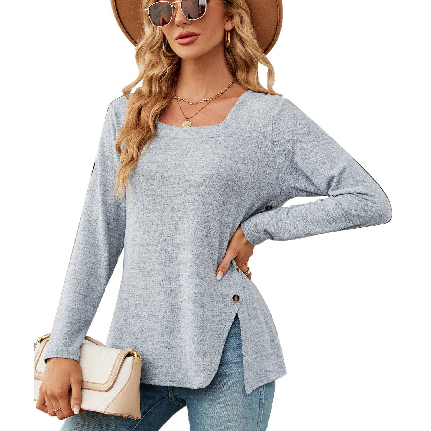 Elegant Square Collar Long Sleeve T-shirt for Women  S Light Blue 