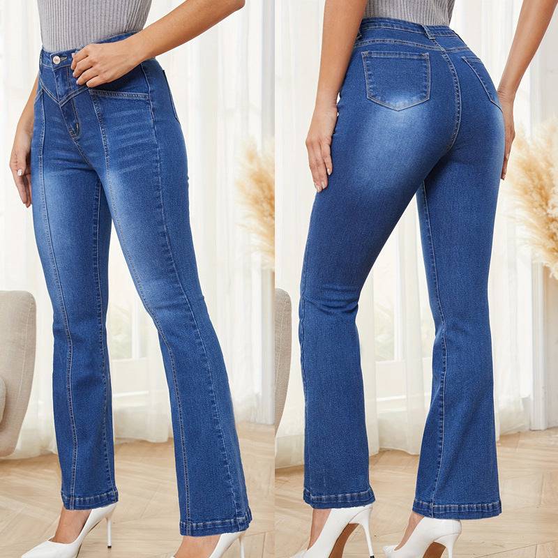 Jeans Women Splicing Office Straight Leg Pants Stretch Washed Jeans  XS Blue 