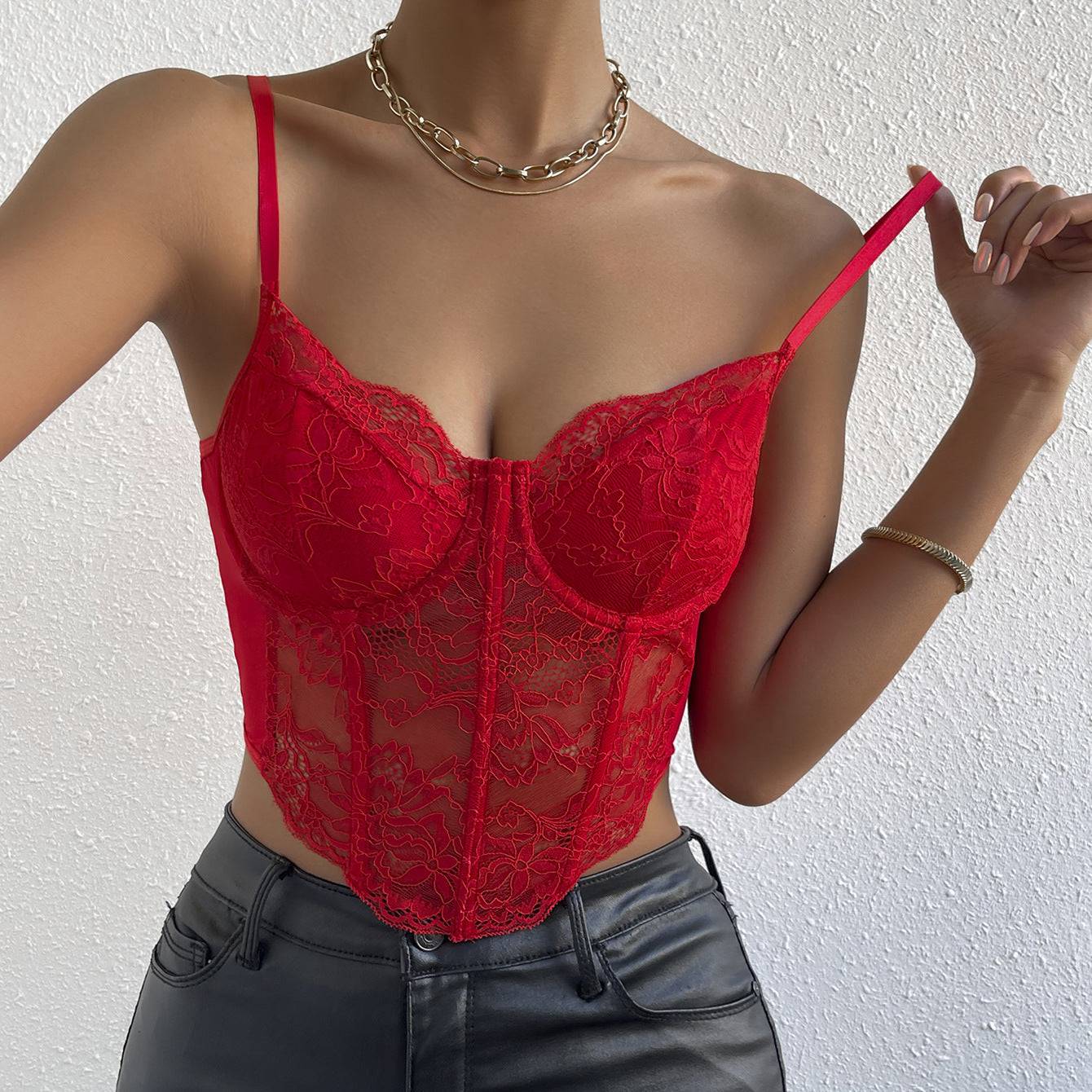 Seductive Lace Steel Ring Diamond Boning Cropped Corset for Women  XS Red 