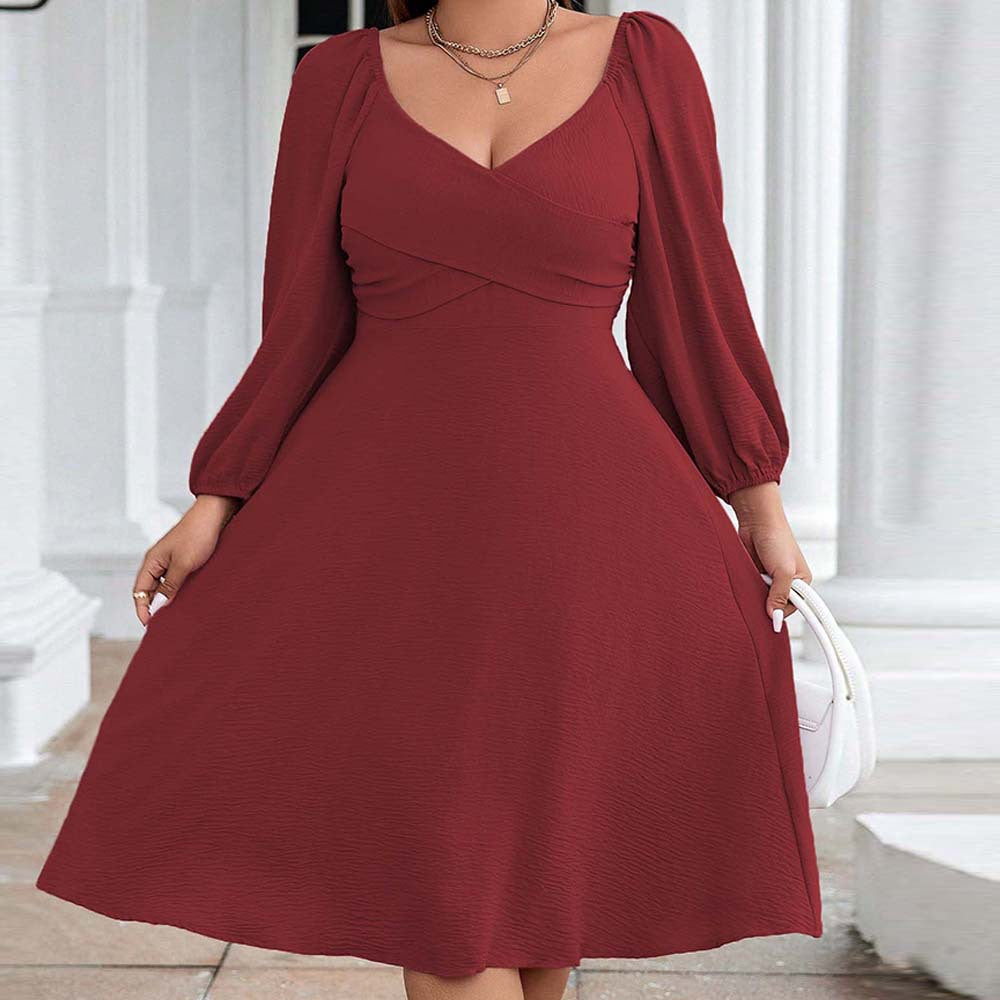 Plus Size Women Elegant Red Dress Autumn Winter V Neck Long Sleeve Mid Length Dress - Wild Amber Fashion