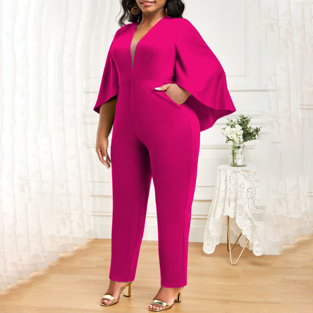 Plus Size Sexy Solid Color Bat Cloak Sexy V Neck Jumpsuit - Wild Amber Fashion