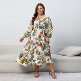 Plus Size Spring Dress Printed V neck Long Sleeve Floral Dress Loose Swing Dress - Wild Amber Fashion