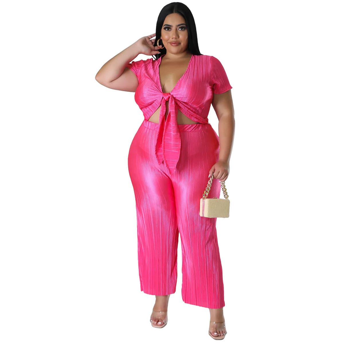 Pleated Wide Leg Pants and Tied Top Two-Piece Set for Plus Size Women  0XL Coral Red 