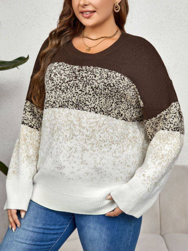 Plus Size Autumn Winter Color Matching Multi Color round Neck Clothing - Wild Amber Fashion