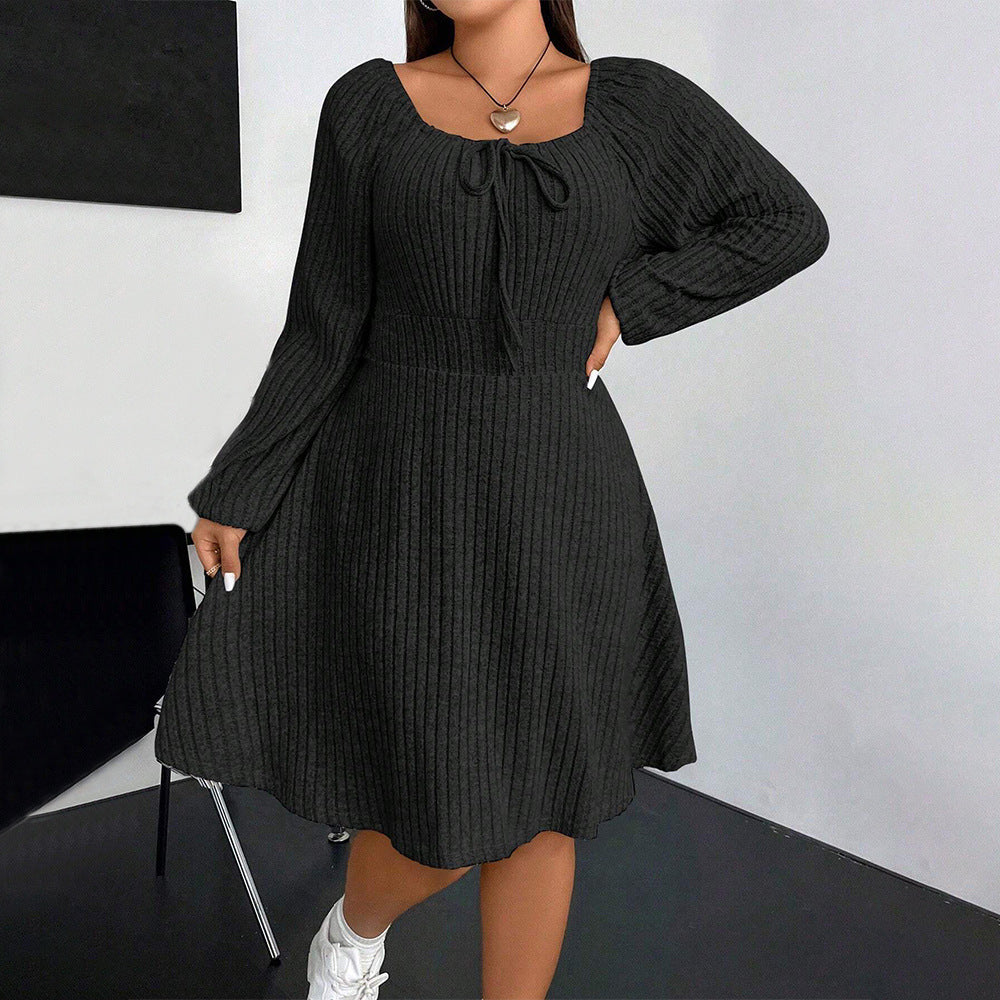 Plus Size Autumn Winter Women Clothing Square Collar Long Sleeve Waist Mini Fleece Sunken Stripe Dress - Wild Amber Fashion