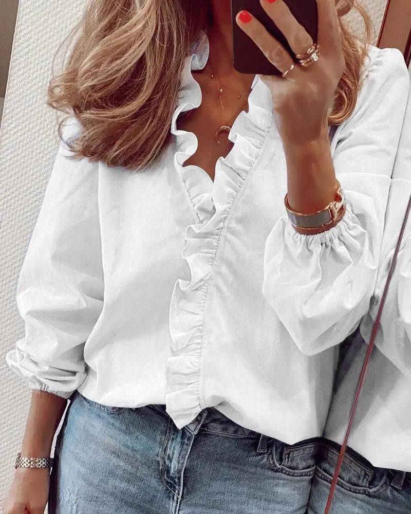 Spring Summer Elegant Long Sleeve Ruffle Blouse for Women  S White 