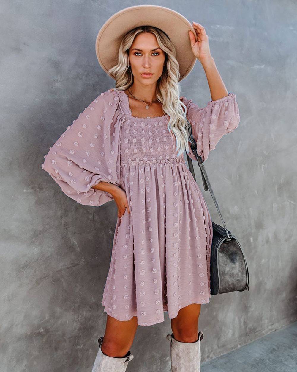 Polka Dot Chiffon A-Line Dress with Lantern Sleeves  S skin pink 