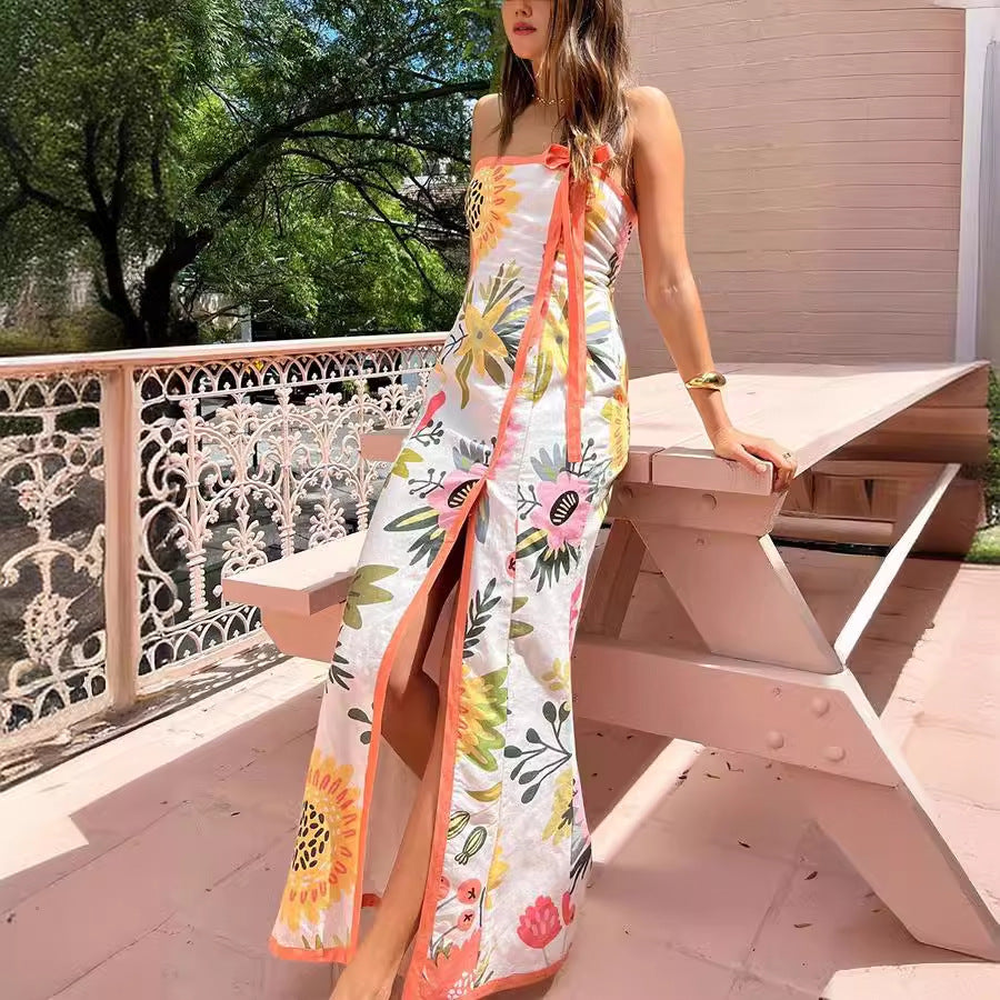 Summer Sexy Split Wrapped Chest Printing Dress Women - Wild Amber Fashion