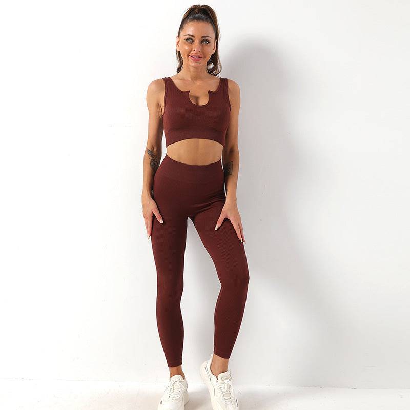 Ultimate Comfort Seamless Yoga Set with Shockproof Sports Bra and High-Rise Fitness Trousers  S Brown U-Shaped Bra Trousers 