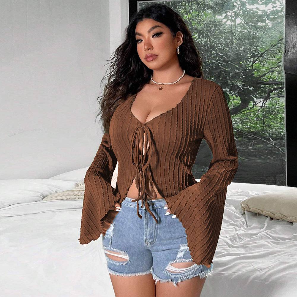 Plus Size Women Sexy Sweet Spicy V neck T shirt Autumn Winter Bell Sleeve Slim Fit Tied Cardigan Top - Wild Amber Fashion