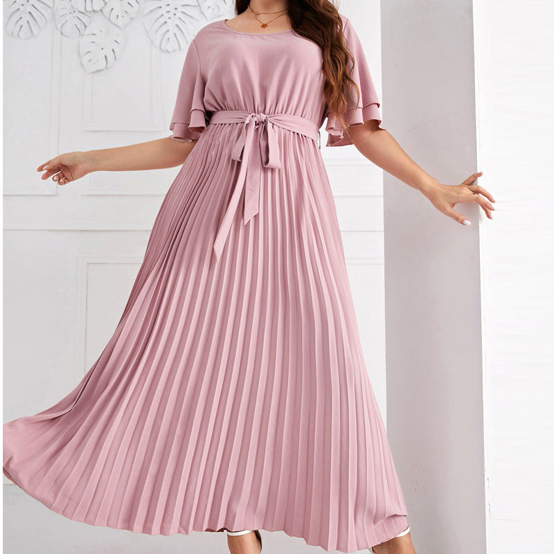 Plus Size Summer Square Collar Large Swing Dress Elegant Short Sleeve Lace up Slimming Pleated Dress - Wild Amber Fashion