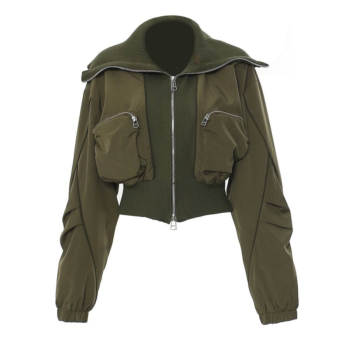 Women's Casual Zipper Pocket Varsity Jacket with Large Collar for Autumn and Winter  M Army Green 