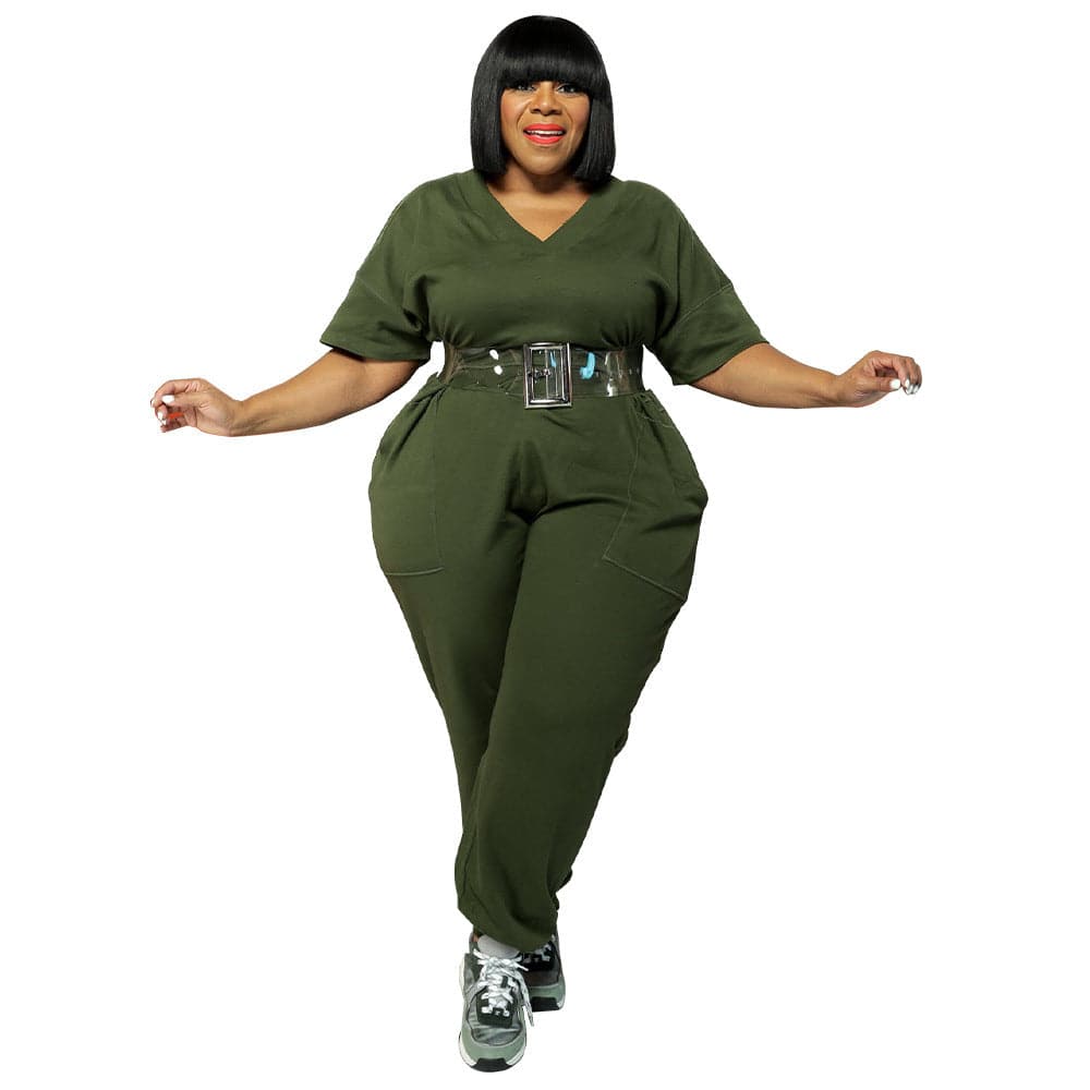 Plus Size Women Clothes Sports Pants Casual Sweatpants V neck Jumpsuit - Wild Amber Fashion