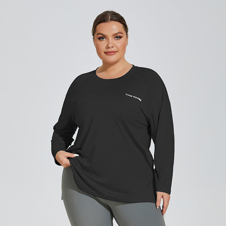 Loose Fit Plus Size Graphic Yoga T-shirt with Slit Hemline  1XL Quiet black 