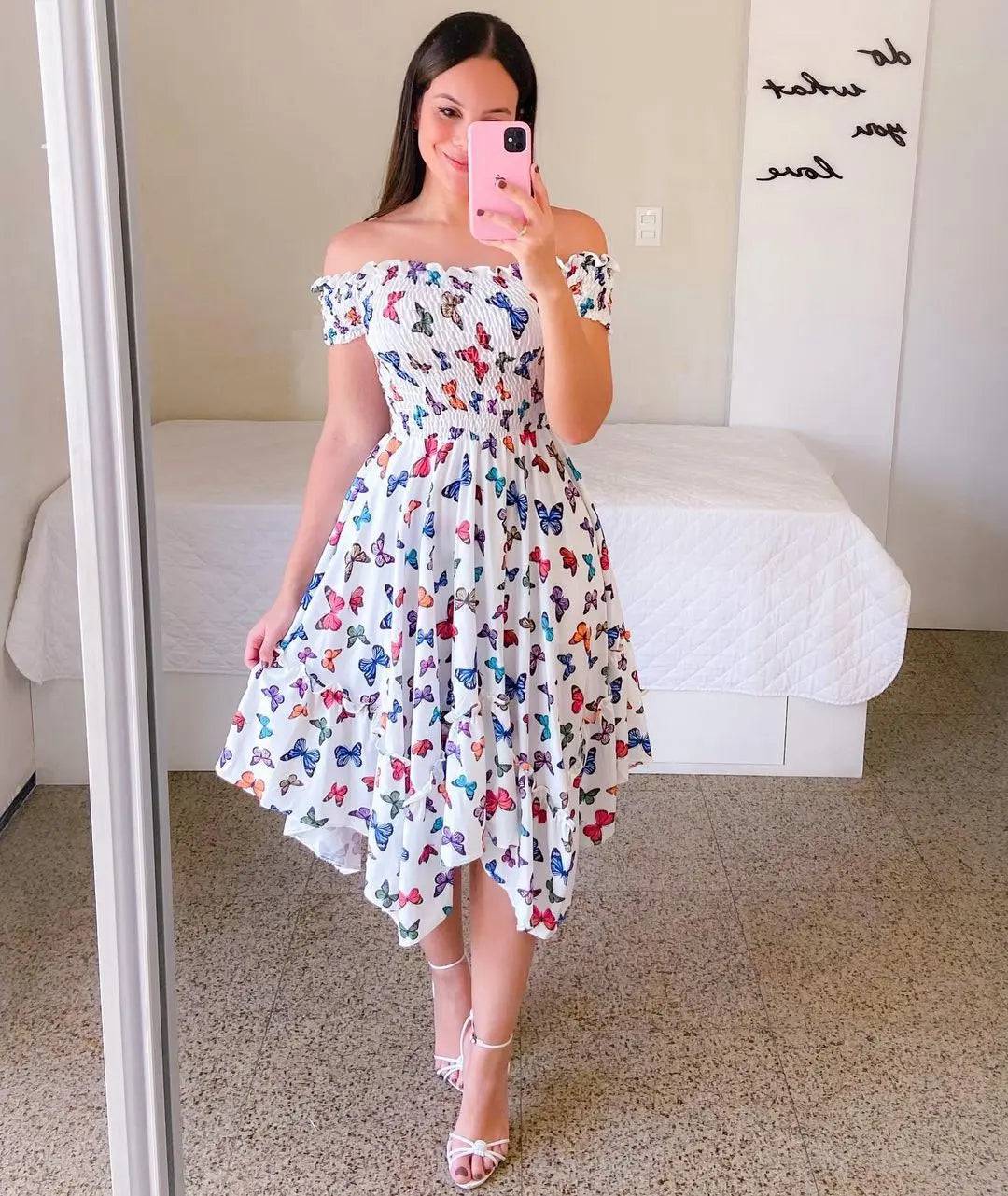 Floral Print Off-Shoulder A-Line Midi Dress  S White Butterfly 