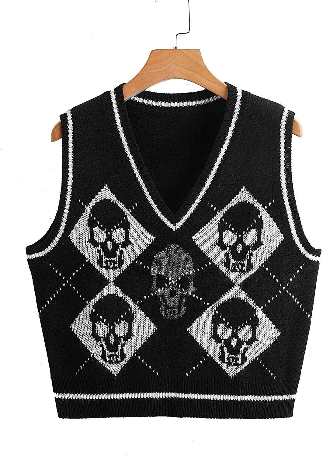 Knitted V-Neck Halloween Sweater for Women  S Black 