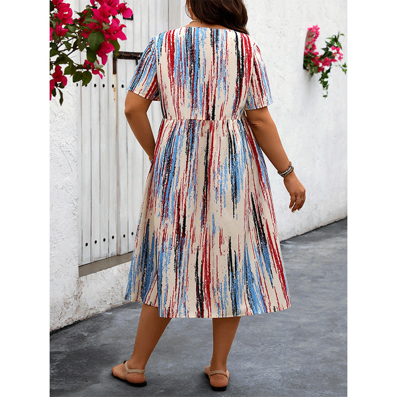 Plus Size Women Striped Printed Dress Spring Summer Product Loose Casual Pocket Maxi Dress - Wild Amber Fashion